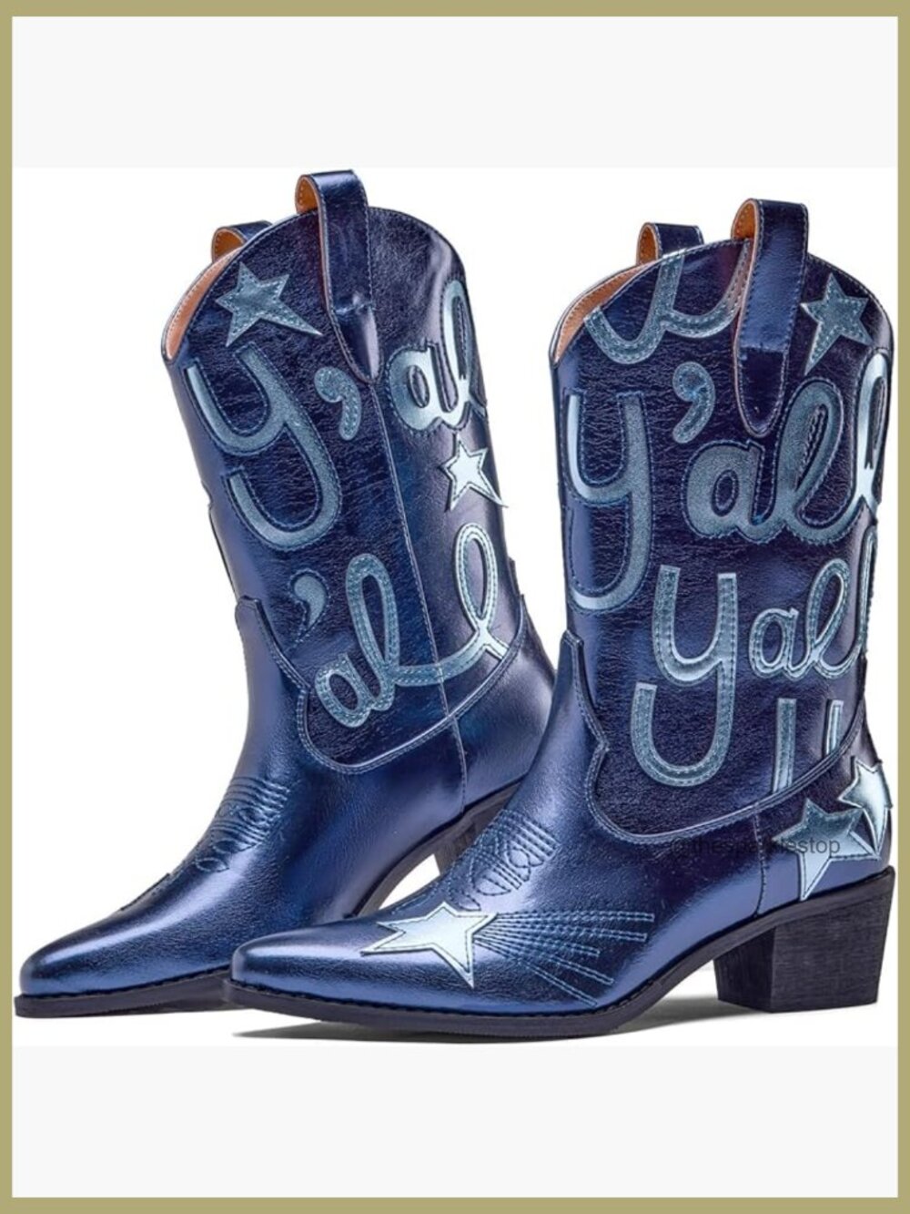 Embroidered Pointed Toe Chunky Heel Mid Calf Cowboy Boots